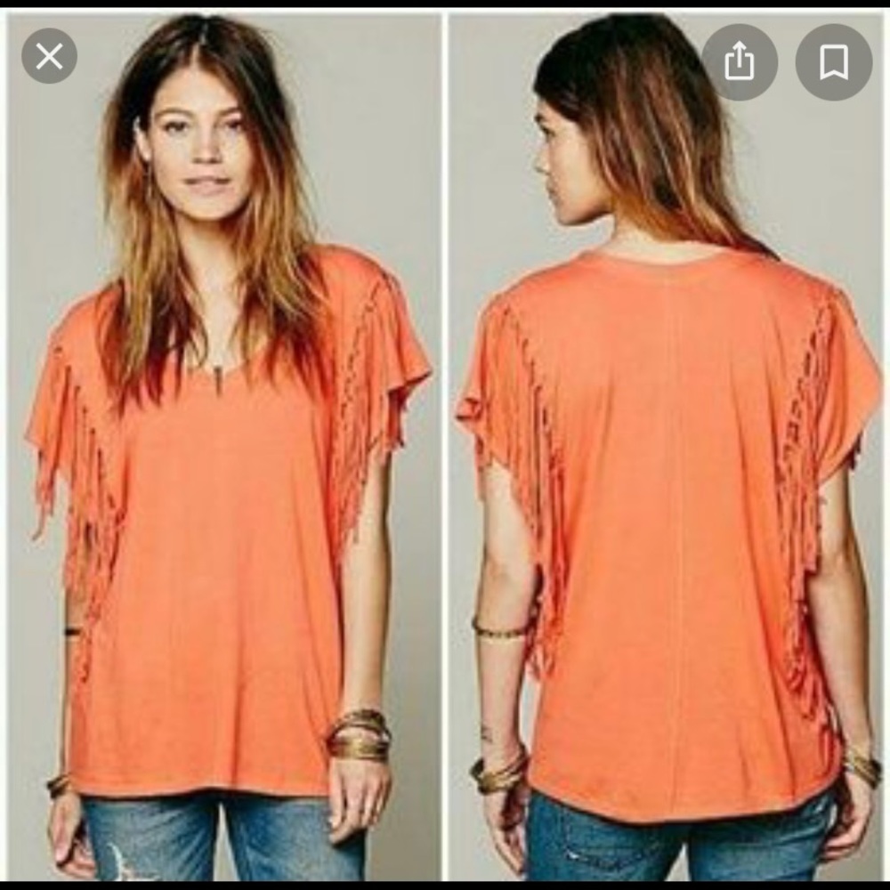 Free People Orange Fringe Short Sleeve Tee